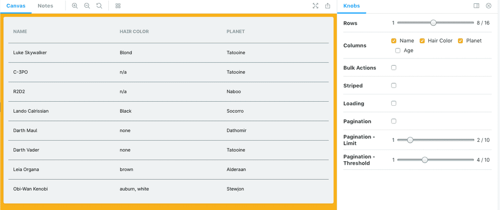 Table component in Storybook with the knobs addon